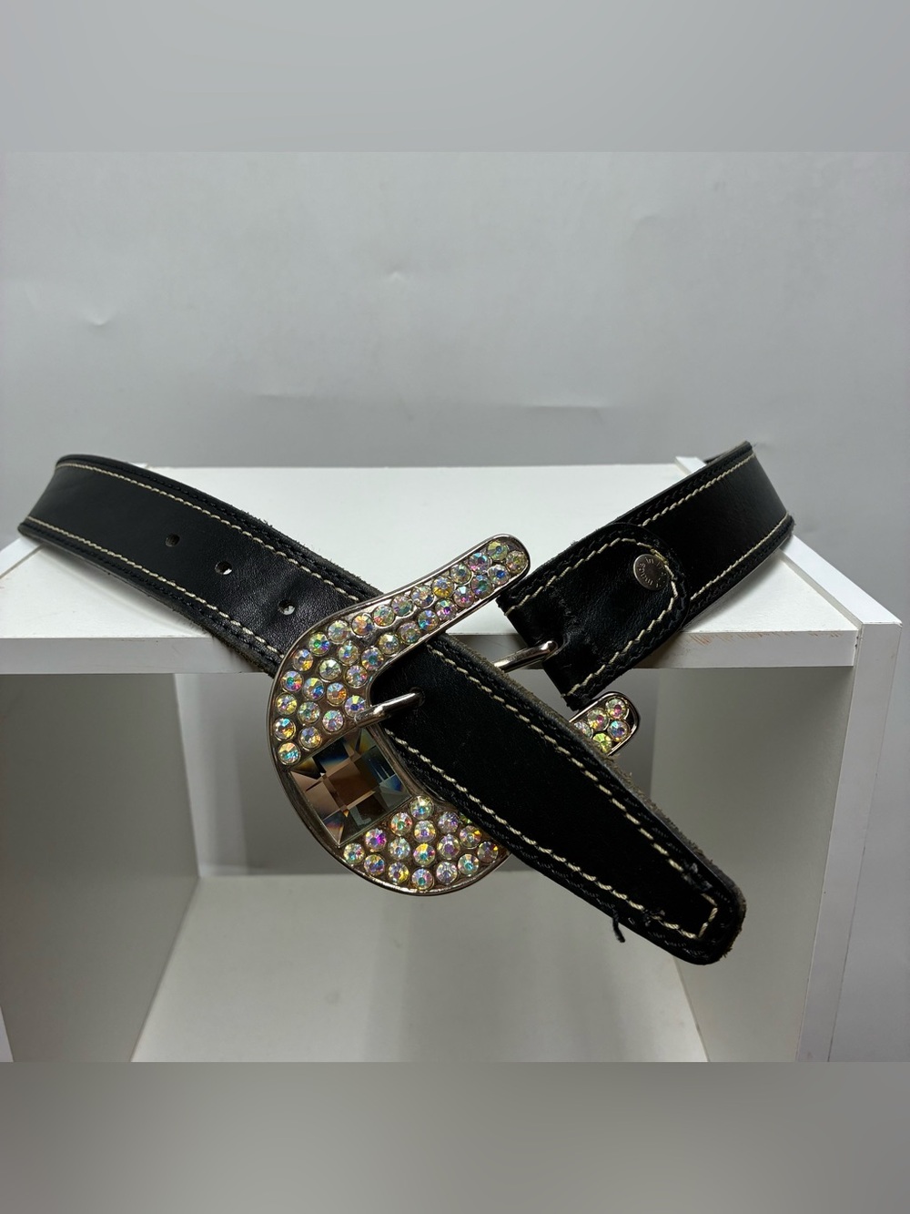 Made In Italy Sequin Studded Large Buckle Western Rodeo Black Real Leather Belt